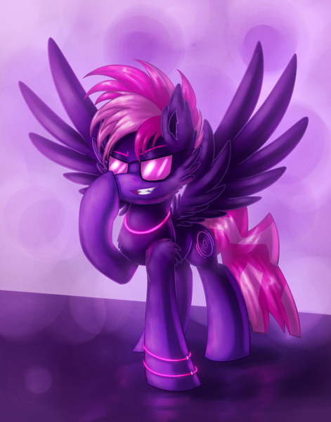 Size: 1650x2100 | Tagged: safe, artist:shad0w-galaxy, derpibooru import, oc, oc:neon rave, pegasus, pony, 80s, 80s hair, abstract background, commission, fluffy, glowstick, male, outrun, pink mane, pink tail, purple, purple background, simple background, smiling, smirk, solo, spread wings, sunglasses, synthwave, wingboner, wings