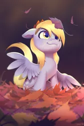 Size: 2682x4000 | Tagged: safe, artist:imalou, derpibooru import, derpy hooves, pegasus, pony, autumn, cute, daaaaaaaaaaaw, derpabetes, female, floppy ears, fluffy, hnnng, leaves, looking up, mare, precious, sitting, smiling, solo, weapons-grade cute