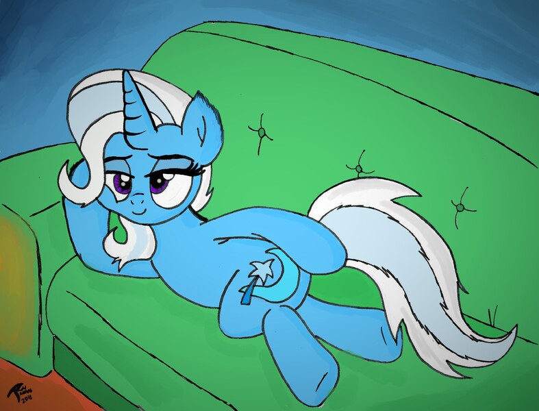 Size: 4100x3125 | Tagged: safe, artist:brekrofmadness, derpibooru import, trixie, pony, unicorn, road to friendship, couch, draw me like one of your french girls, female, looking back, mare, prone, scene interpretation, solo