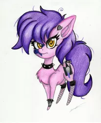 Size: 2411x2925 | Tagged: safe, artist:luxiwind, derpibooru import, oc, oc:misty rock, earth pony, pony, chibi, choker, female, fishnets, mare, solo, spiked choker, traditional art