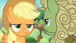 Size: 1920x1080 | Tagged: safe, derpibooru import, screencap, applejack, forest fall, earth pony, kirin, pony, sounds of silence, annoyed, applejack is not amused, background kirin, discovery family logo, female, frown, frustrated, furrowed brow, male, mare, unamused