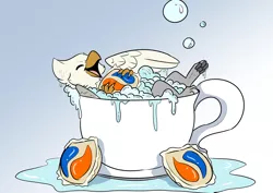 Size: 1234x873 | Tagged: safe, artist:stupidshepherd, derpibooru import, oc, oc:der, unofficial characters only, gryphon, bath, bird bath, bubble bath, cup, cute, male, micro, open mouth, paws, soap bubble, solo, tide pods, underpaw