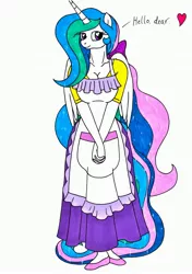 Size: 2450x3490 | Tagged: safe, artist:killerteddybear94, derpibooru import, princess celestia, alicorn, anthro, plantigrade anthro, pony, apron, breasts, busty princess celestia, cleavage, clothes, cute, cutelestia, dialogue, female, heart, heart eyes, housewife, looking at you, mare, momlestia, multicolored mane, redraw, shirt, shoes, skirt, smiling, solo, t-shirt, talking to viewer, text, wingding eyes