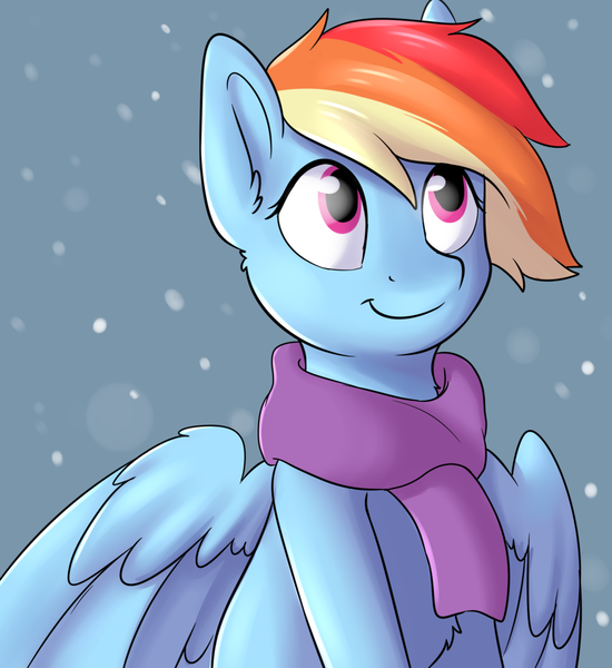 Size: 1024x1117 | Tagged: safe, artist:dbleki, derpibooru import, rainbow dash, pegasus, pony, clothes, cute, female, looking up, mare, scarf, smiling, snow, solo