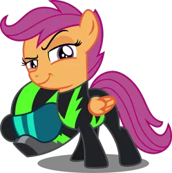 Size: 4170x4188 | Tagged: safe, artist:vector-brony, derpibooru import, scootaloo, pegasus, pony, the washouts (episode), absurd resolution, clothes, female, filly, helmet, pint-sized dynamite, raised eyebrow, simple background, solo, transparent background, uniform, vector, washouts uniform