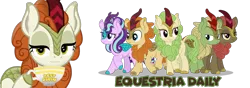 Size: 1000x350 | Tagged: safe, derpibooru import, autumn afternoon, autumn blaze, forest fall, maple brown, spring glow, starlight glimmer, kirin, equestria daily, sounds of silence, background kirin, banner, best kirin, cloven hooves, cup, cute, female, hoof hold, kirin starlight, kirinified, male, simple background, smug, species swap, transparent background