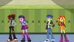 Size: 1024x576 | Tagged: safe, artist:mergedzamasuva, derpibooru import, flash sentry, sunset shimmer, twilight sparkle, human, equestria girls, angry, backpack, book, boots, clothes, crossover, equestria girls-ified, female, flashimmer, flashlight, implied flashlight, implied shipping, implied straight, jacket, jealous, lock, locker, male, padlock, sega, shadow the hedgehog, shadtwi, shipping, shoes, sneakers, sonic the hedgehog (series), straight
