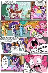 Size: 1800x2740 | Tagged: alicorn, applejack, artist:brokententacle, comic, comic:curse and madness, derpibooru import, fluttershy, freak out, mlpcam, pinkie pie, rainbow dash, rarity, safe, shrunken pupils, sky, sugarcube corner, sugarcube corner (interior), text, text bubbles, the end is neigh, tree, twilight sparkle, twilight sparkle (alicorn)