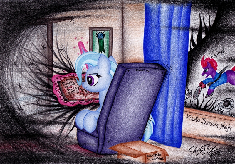 Size: 3184x2231 | Tagged: safe, artist:thechrispony, derpibooru import, tempest shadow, trixie, pony, unicorn, ash williams, bone, book, box, chainsaw, chair, clothes, crossover, evil dead, female, groovy, gun, h.p. lovecraft, mare, necronomicon, parody, picture frame, skeleton, traditional art, weapon