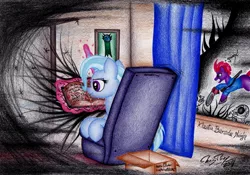 Size: 3184x2231 | Tagged: safe, artist:thechrispony, derpibooru import, tempest shadow, trixie, pony, unicorn, ash williams, bone, book, box, chainsaw, chair, clothes, crossover, evil dead, female, groovy, gun, h.p. lovecraft, mare, necronomicon, parody, picture frame, skeleton, traditional art, weapon
