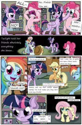 Size: 1800x2740 | Tagged: alicorn, applejack, artist:shinhoffman, comic, comic:curse and madness, cowering, derpibooru import, fluttershy, mlpcam, pinkie pie, rainbow dash, rarity, safe, sugarcube corner, sugarcube corner (interior, text, text bubbles, twilight sparkle, twilight sparkle (alicorn)