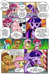 Size: 1800x2690 | Tagged: alicorn, applejack, artist:candyclumsy, comic, comic:curse and madness, derpibooru import, fluttershy, mlpcam, pinkie pie, rainbow dash, rarity, safe, sugarcube corner, sugarcube corner (interior, text, text bubbles, twilight sparkle, twilight sparkle (alicorn)