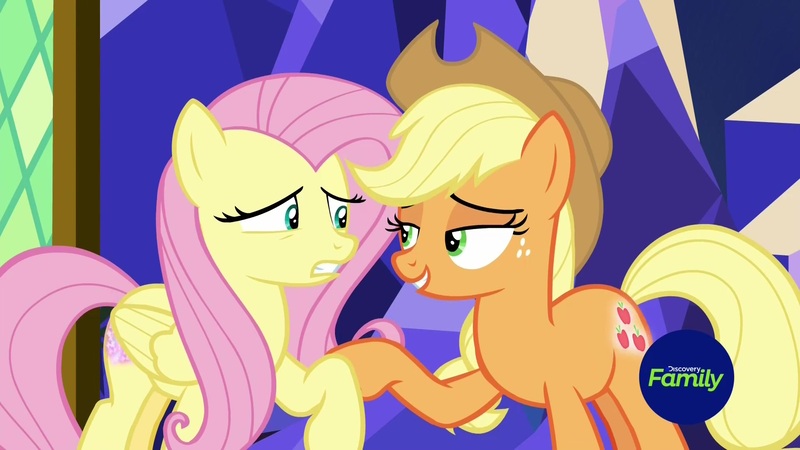 Size: 1920x1080 | Tagged: safe, derpibooru import, screencap, applejack, fluttershy, pony, sounds of silence, lidded eyes