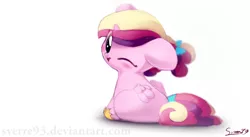 Size: 1024x561 | Tagged: safe, artist:sverre93, derpibooru import, princess cadance, alicorn, pony, blushing, bow, chibi, cute, cutedance, female, filly, filly cadance, hair bow, hnnng, looking at you, looking back, looking back at you, one eye closed, simple background, sverre is trying to murder us, tail bow, white background, wink, younger