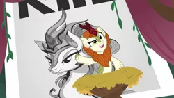 Size: 1920x1080 | Tagged: a kirin tale, autumn blaze, citizen kane, cloven hooves, derpibooru import, edit, edited screencap, female, kirin, movie reference, pointing, poster, rain shine, raised eyebrow, raised hoof, running for office, safe, screencap, solo, sounds of silence, spoiler:s08, sponsor, sponsoring, sponsorship, written equestrian