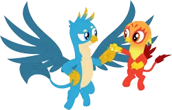 Size: 3591x2314 | Tagged: safe, artist:porygon2z, derpibooru import, gallus, oc, oc:heatwave, gryphon, chickub, fist bump, male, paws, simple background, spread wings, transparent background, vector, wings