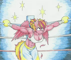 Size: 5589x4725 | Tagged: abs, absurd resolution, anthro, anthro oc, armpits, artist:flicker-show, boxing, boxing gloves, boxing ring, breasts, cleavage, clothes, derpibooru import, female, midriff, muscles, muscular female, oc, oc:fire strike, shorts, solo, solo female, sports, sports bra, suggestive, sweat, traditional art, unofficial characters only