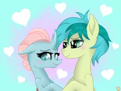 Size: 640x480 | Tagged: safe, artist:vallary-rainbow, derpibooru import, ocellus, sandbar, abstract background, blushing, female, heart, heart background, interspecies, looking at each other, male, ocelbar, shipping, signature, straight