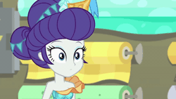 Size: 998x561 | Tagged: safe, derpibooru import, screencap, applejack, rarity, equestria girls, equestria girls series, rollercoaster of friendship, alternate hairstyle, animated, bare shoulders, carousel dress, cute, female, geode of super strength, gif, magical geodes, photo booth (song), raribetes, shipping fuel, weapons-grade cute