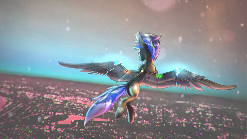 Size: 3859x2170 | Tagged: safe, artist:twitchy rudder, derpibooru import, oc, oc:vibrant star, unofficial characters only, earth pony, pony, artificial wings, augmented, chromatic aberration, city, clothes, collar, detached sleeves, facial hair, flying, high res, looking at you, male, mechanical wing, panties, socks, solo, stallion, underwear, wings