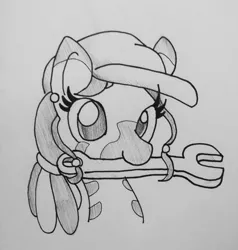 Size: 1280x1346 | Tagged: safe, artist:tjpones, derpibooru import, oc, oc:carjack, unofficial characters only, zebra, bust, ear piercing, female, grayscale, hat, lineart, monochrome, mouth hold, piercing, portrait, simple background, solo, traditional art, white background, wrench, zebra oc