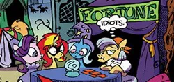 Size: 318x152 | Tagged: safe, artist:andypriceart, derpibooru import, idw, big macintosh, crystal ball (character), starlight glimmer, sunset shimmer, trixie, pony, unicorn, spoiler:comic, spoiler:comic71, comic, counterparts, cropped, crystal ball, female, magical trio, masked shimmer, official comic, thought bubble, twilight's counterparts