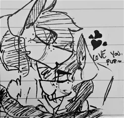 Size: 1710x1626 | Tagged: safe, artist:kirbirb, derpibooru import, oc, oc:scarlett lane, oc:snaggletooth, earth pony, pegasus, pony, bed, black and white, ear fluff, freckles, gay, grayscale, heart, kisses, male, monochrome, oc x oc, on bed, shipping, snuggling