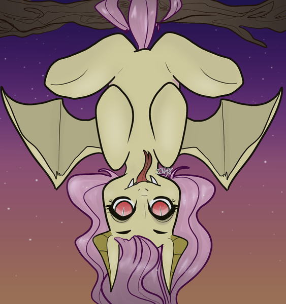 Size: 1515x1616 | Tagged: safe, artist:incapacitatedvixen, derpibooru import, fluttershy, bat pony, pony, bat ponified, bat wings, fangs, flutterbat, full body, hanging, looking at you, prehensile tail, race swap, red eyes, slit eyes, solo, split tongue, spread wings, tongue out, upside down, wings