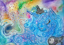 Size: 1024x717 | Tagged: abstract, abstract art, artist:dawn-designs-art, bust, derpibooru import, modern art, princess luna, safe, solo, traditional art, watercolor painting