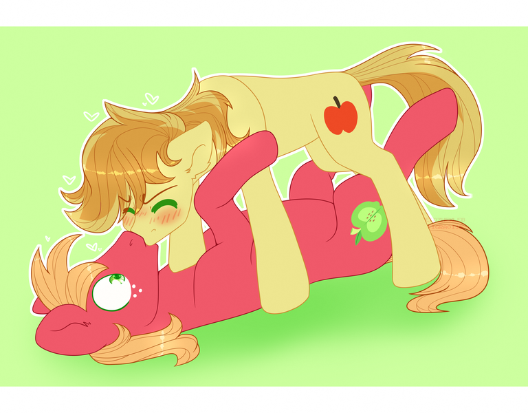 Size: 3200x2500 | Tagged: safe, artist:etoz, artist:tigra0118, derpibooru import, big macintosh, braeburn, earth pony, pony, applecest, blushing, braemac, collaboration, cousins, eyes closed, gay, incest, kissing, male, shipping, stallion