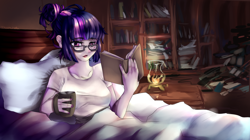 Size: 3840x2160 | Tagged: source needed, safe, artist:dream--chan, derpibooru import, sci-twi, twilight sparkle, equestria girls, 4k, book, bookshelf, cozy, lantern, mug, solo