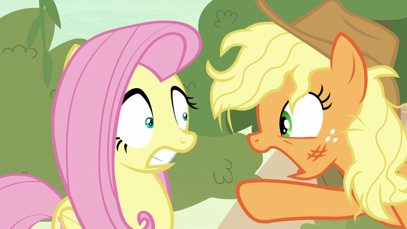 Size: 1920x1080 | Tagged: angry, applejack, derpibooru import, fluttershy, safe, screencap, sounds of silence, startled