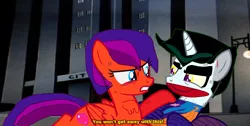 Size: 1671x839 | Tagged: semi-grimdark, artist:jadethepegasus, derpibooru import, edit, edited screencap, screencap, oc, oc:jade the pegasus, ponified, pegasus, pony, unicorn, 1000 hours in ms paint, angry, base used, batman, batman the animated series, blood, blue eyes, bruised, btas, clown, clown makeup, crossover, cut, dialogue, fake screencap, fake screenshot, female, gotham, gotham city, injured, male, mare, mark hamill, marvel, ms paint, smiling, smirk, subtitles, text, the joker, this will end in laughs, this will end in pain, torn ear, wings