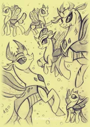 Size: 1627x2304 | Tagged: artist:rossmaniteanzu, baby changeling, book, brothers, changedling, changedling brothers, changeling, derpibooru import, flying, king thorax, male, monochrome, ocellus, pencil drawing, pharynx, prince pharynx, safe, siblings, thorax, traditional art