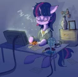 Size: 2000x1967 | Tagged: safe, artist:mistleinn, derpibooru import, twilight sparkle, pony, unicorn, fallout equestria, clothes, computer, eyes closed, fan, female, flower, mare, ministry mares, ministry of arcane sciences, mug, night, office, onomatopoeia, quill, quill pen, sitting, sleeping, solo, sound effects, table, terminal, zzz