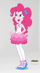 Size: 376x679 | Tagged: safe, derpibooru import, screencap, pinkie pie, equestria girls, equestria girls series, rollercoaster of friendship, clothes, cropped, cute, diapinkes, female, food, geode of sugar bombs, looking up, magical geodes, pantyhose, salad, sandals, shoes, skirt, smiling, solo, stress salad