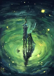 Size: 1240x1755 | Tagged: artist:plainoasis, changeling, changeling queen, crown, crying, derpibooru import, female, floppy ears, jewelry, looking up, queen chrysalis, reflection, regalia, sad, safe, solo, spread wings, standing, stars, water, wings