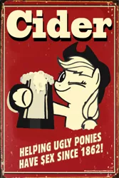 Size: 2200x3300 | Tagged: suggestive, artist:dyani-yahto, derpibooru import, applejack, earth pony, pony, alcohol, cider, drunk sex, female, implied sex, mug, one eye closed, poster, solo, tankard, wink