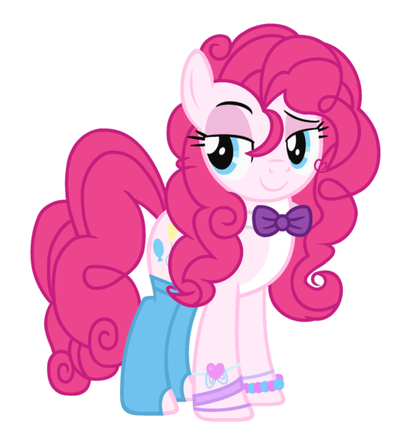 Size: 1024x1090 | Tagged: safe, artist:bezziie, derpibooru import, pinkie pie, earth pony, pony, alternate design, alternate hairstyle, bedroom eyes, bowtie, clothes, simple background, smiling, socks, solo, transparent background