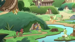 Size: 1334x750 | Tagged: safe, derpibooru import, screencap, applejack, autumn afternoon, forest fall, green grove, maple brown, sparkling brook, spring glow, winter flame, earth pony, kirin, pony, sounds of silence, background kirin, female, kirin village, male, mare, sneezing, tree stump