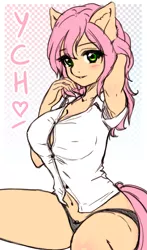 Size: 2239x3802 | Tagged: advertisement, anthro, armpits, artist:kindpineapple, big breasts, blouse, breasts, cleavage, clothes, commission, derpibooru import, erect nipples, female, looking at you, mare, nipple outline, not fluttershy, panties, shirt, solo, solo female, suggestive, tight clothing, underwear, ych example, your character here