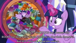 Size: 1280x720 | Tagged: alicorn, book, castle mane-ia, derpibooru import, edit, edited screencap, exploitable meme, magic, magic aura, meme, safe, screencap, shield, smiling, sounds of silence, telekinesis, template, that pony sure does love books, twilight sparkle, twilight sparkle (alicorn)