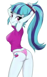 Size: 570x920 | Tagged: suggestive, artist:ta-na, derpibooru import, sonata dusk, equestria girls, adorasexy, arm behind head, ass, breasts, butt, clothes, cute, cutie mark, cutie mark on equestria girl, female, hairband, looking at you, looking back, looking back at you, panties, sexy, shirt, simple background, solo, solo female, sonata donk, stupid sexy sonata dusk, underwear, white background