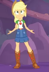 Size: 431x630 | Tagged: safe, derpibooru import, screencap, applejack, equestria girls, equestria girls series, rollercoaster of friendship, belt, boots, clothes, cowboy boots, cowboy hat, cropped, denim skirt, female, freckles, geode of super strength, hat, magical geodes, shoes, skirt, stetson