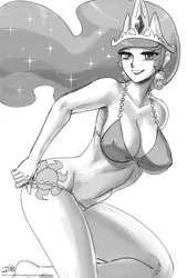 Size: 1000x1477 | Tagged: armpits, artist:johnjoseco, ask gaming princess luna, barefoot, bikini, breasts, busty princess celestia, clothes, cutie mark on human, derpibooru import, erect nipples, feet, female, grayscale, human, humanized, lidded eyes, looking at you, monochrome, nipple outline, praise the sun, princess celestia, simple background, smiling, solo, solo female, stupid sexy celestia, suggestive, swimsuit, white background