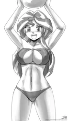 Size: 1000x1759 | Tagged: adorasexy, armpits, artist:johnjoseco, ask gaming princess luna, big breasts, bikini, breasts, busty sunset shimmer, clothes, cute, derpibooru import, erect nipples, female, grayscale, human, humanized, monochrome, nipple outline, open mouth, sexy, shimmerbetes, simple background, solo, solo female, suggestive, sunset shimmer, swimsuit, white background