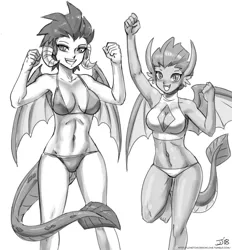 Size: 1100x1183 | Tagged: absolute cleavage, armpits, artist:johnjoseco, ask gaming princess luna, bikini, boob window, breasts, busty princess ember, busty smolder, cleavage, clothes, derpibooru import, duo, duo female, female, females only, grayscale, horn, horned humanization, human, humanized, monochrome, princess ember, sexy, simple background, smolder, suggestive, swimsuit, tailed humanization, white background, winged humanization, wings