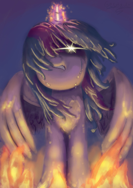 Size: 1169x1654 | Tagged: semi-grimdark, artist:geljado, derpibooru import, twilight sparkle, twilight sparkle (alicorn), alicorn, pony, angry, crying, digital art, digital painting, fire, sad, solo