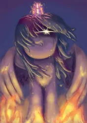 Size: 1169x1654 | Tagged: semi-grimdark, artist:geljado, derpibooru import, twilight sparkle, twilight sparkle (alicorn), alicorn, pony, angry, crying, digital art, digital painting, fire, sad, solo