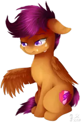 Size: 945x1416 | Tagged: safe, artist:spirit-1, derpibooru import, scootaloo, pony, crying, sad, simple background, sitting, solo, transparent background